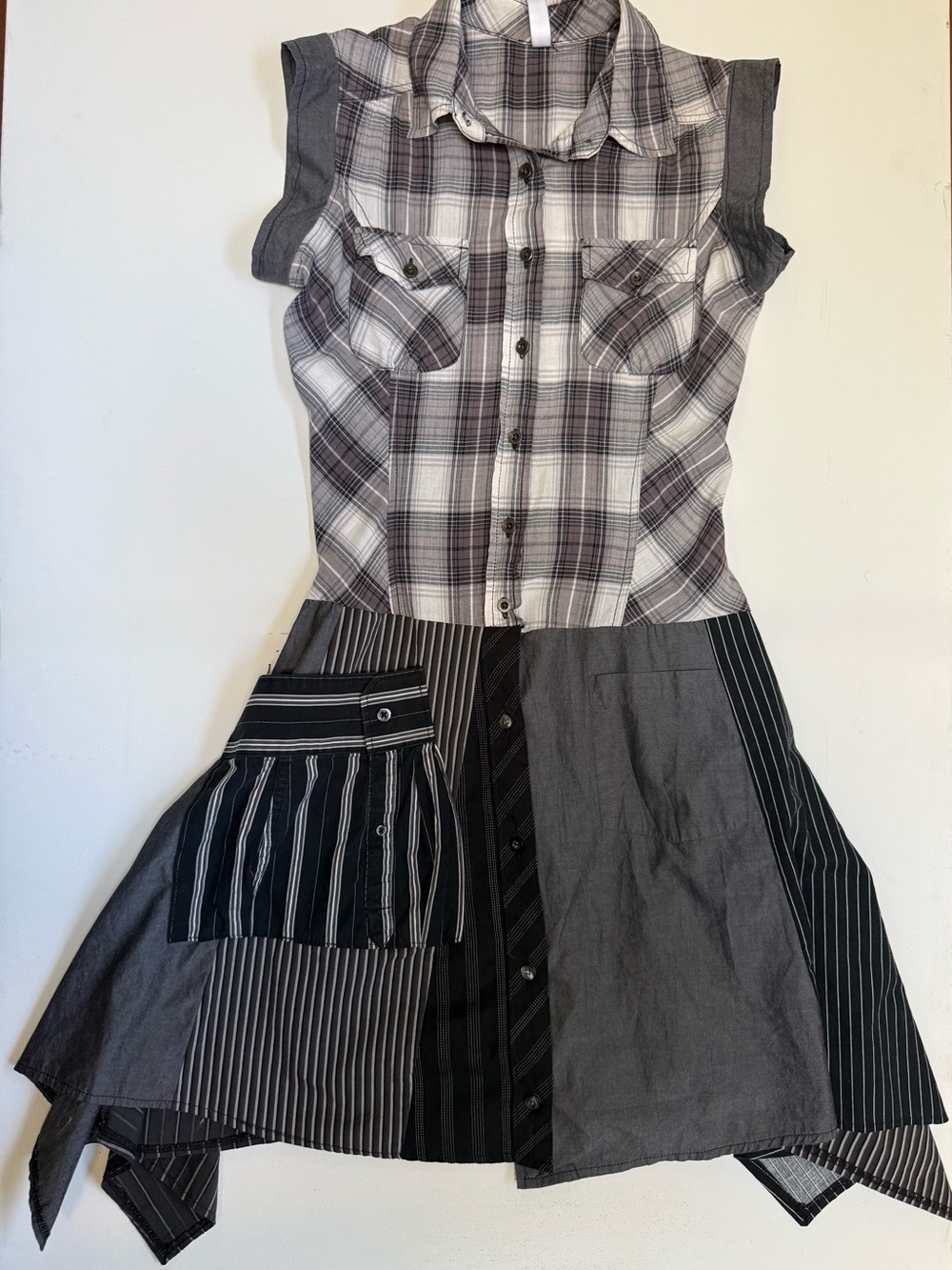 Asymmetrical Patchwork Button Shirt Dress Black Gray S - Picture 1 of 5